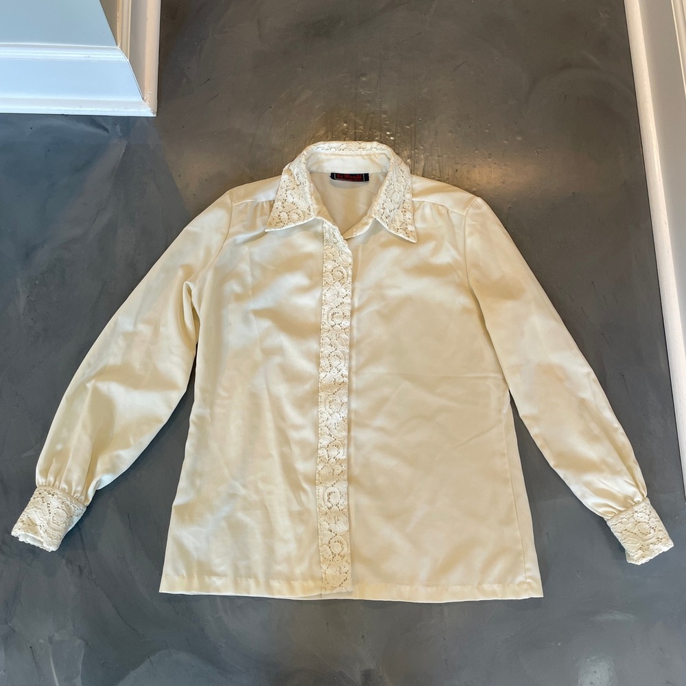 Le Monde VTG Cream Lace Trim Long Sleeve Button Up Blouse Top Women's L 16
